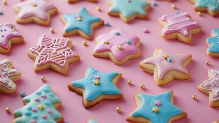 Vibrant flat lay of festively iced christmas cookies in a cheerful holiday setting