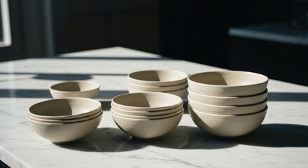 Beige ceramic bowls in various sizes stacked and scattered on a marble countertop, sunlight casts shadows