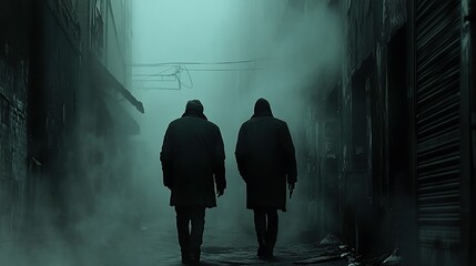 Two men walking through a foggy alley, evoking a mysterious urban scene with an espionage theme.