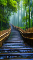 Obraz premium Enchanting Stone Stairway with Bamboo Railings Ascending Through a Dense, Misty Green Bamboo Forest in an Asian Landscape