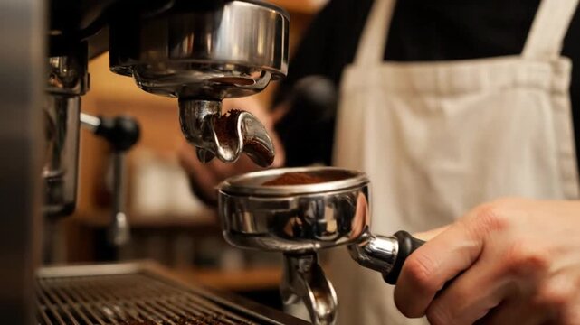 Barista tamping espresso grounds into a portafilter