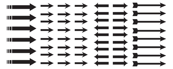 Black arrow line pattern vector illustration, minimalist direction and navigation arrow icon set. Motion Arrow icons set. left and right cursor arrow Modern simple solid arrows collection. 