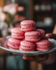 Delicious pink macarons stacked on a plate perfect french dessert food photography and sweet treat concept