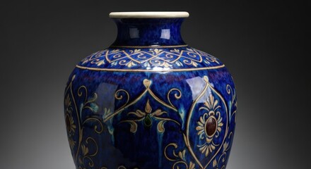 Close-up of a decorative blue vase with gold and  dark accents