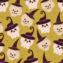 seamless pattern cartoon halloween skull with witch hat for halloween wallpaper