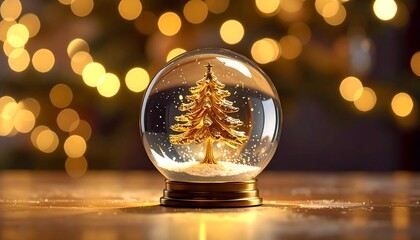 A snow globe with a golden Christmas tree inside sits on a wooden surface, blurred warm lights in the background