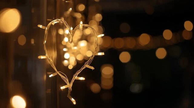 Heart-shaped string lights glowing softly in a dimly lit room, creating a warm and romantic atmosphere