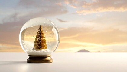 A snow globe with a golden tree inside sits on a white surface with a sunset backdrop. The scene is calm and peaceful