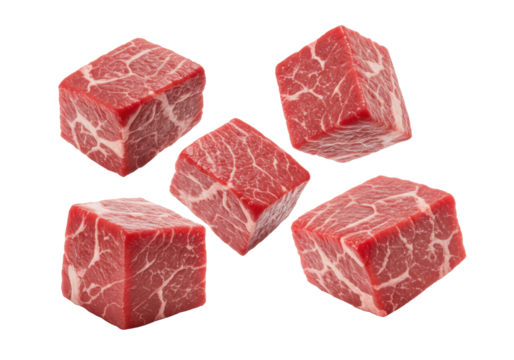 Four pieces of raw, fresh, premium beef stew meat, deep crimson red, white marbling, moist texture, dynamically suspended against a transparent background. Concept for food advertising.