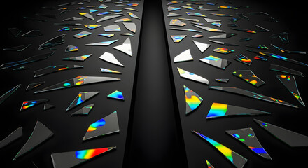 Abstract broken glass shards with rainbow light reflections on a dark background