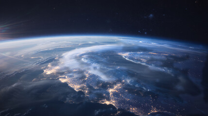 Obraz premium Overhead view of earths atmosphere and continents satellite