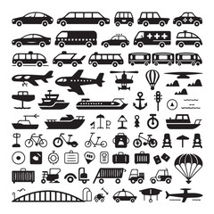 Vector art of collection of transportation icons, including cars, buses, trucks, airplanes, helicopters, boats, and bicycles