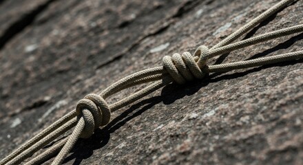 Close-up of climbing rope knot on rough rock face