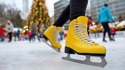 Vibrant yellow ice skates on outdoor rink with festive holiday decorations
