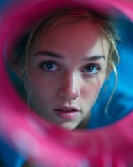 Portrait of young woman looking through pink circle frame with curious expression and blue background