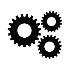 Three black cogwheels (gears) interlocking in a cluster on a white background. This vector icon symbolizes system processes, workflow, mechanics, settings, cooperation, engineering, technical solution