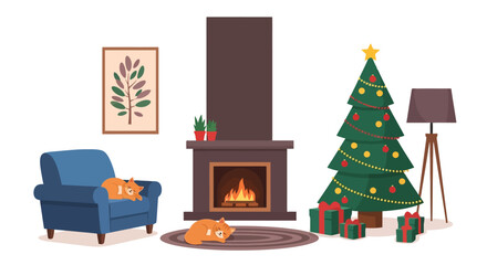 Fototapeta na wymiar Festive Christmas living room interior featuring cozy fireplace, decorated tree, and relaxing cats. Ideal for holiday greetings, seasonal promotions, or home decor design.