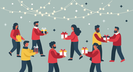 Diverse group of people exchanging gifts during a festive holiday season, perfect for illustrating corporate celebrations or community gift-giving events