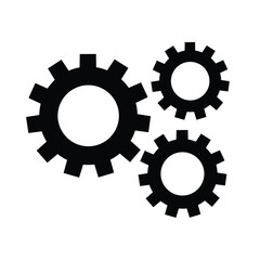 Three black cogwheels (gears) interlocking in a cluster on a white background. This vector icon symbolizes system processes, workflow, mechanics, settings, cooperation, engineering, technical solution