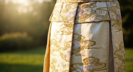 Close-up of traditional Japanese skirt, golden embroidery,  pleats