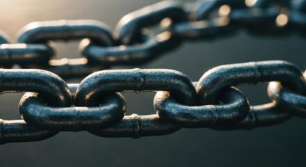 Fototapeta premium Close-up view of a metal chain. Links are tightly connected. Soft light highlights the texture