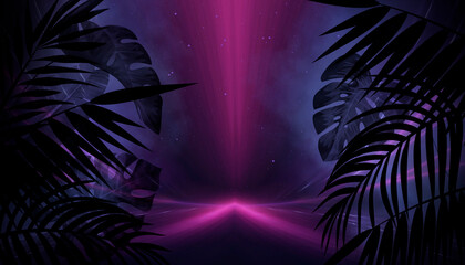 Silhouettes of tropical leaves empty scene background, abstract multicolored neon lights. © MiaStendal