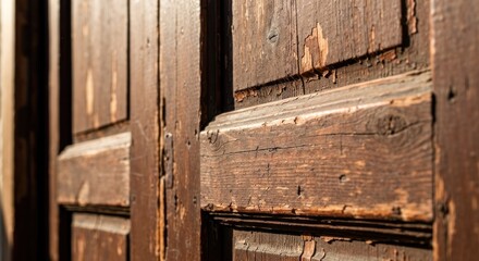 Close-up view of weathered, dark brown wooden doors with visible grain and peeling paint
