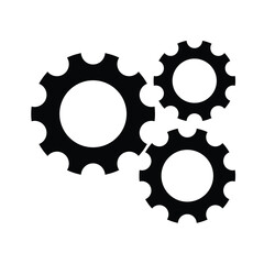 Three black cogwheels (gears) interlocking in a cluster on a white background. This vector icon symbolizes system processes, workflow, mechanics, settings, cooperation, engineering, technical solution
