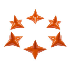Six vibrant orange star-shaped objects arranged in a circular pattern.