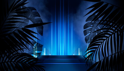 Obraz premium Silhouettes of tropical leaves empty scene background, abstract multicolored neon lights.