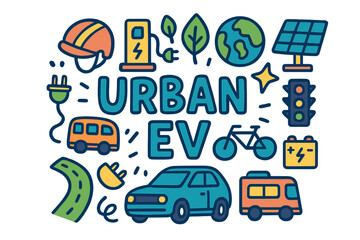 Urban EV Doodle. Urban EV. Hand-drawn doodle illustration of Urban EV. electric car, charging station, plug,