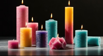 Colorful pillar candles in various shades of pink, orange, yellow, purple, and teal, arranged on a light gray surface against a dark background.  Flames flicker