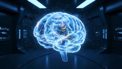Futuristic Digital Holographic Brain in Lab with 360-Degree Camera Rotation and Colorful Neuron Pathways Igniting for Technology Videos, Scientific Education, and Research Content