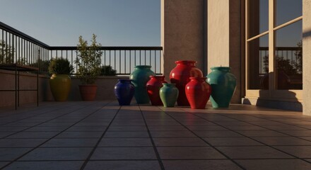 Colorful terracotta pots on a tiled balcony at sunrise. Sunlight casts shadows on the patio
