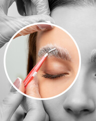 The make-up artist does Long-lasting styling of the eyebrows of the eyebrows and will color the...
