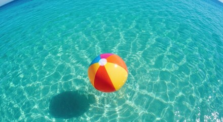 Colorful inflatable beach ball floats in turquoise water