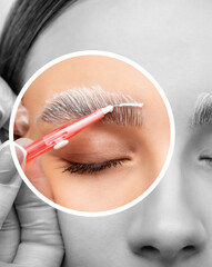 The make-up artist does Long-lasting styling of the eyebrows of the eyebrows and will color the...