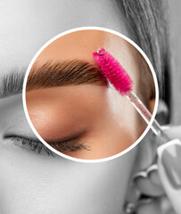 The make-up artist does Long-lasting styling of the eyebrows of the eyebrows and will color the...