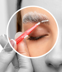 The make-up artist does Long-lasting styling of the eyebrows of the eyebrows and will color the...