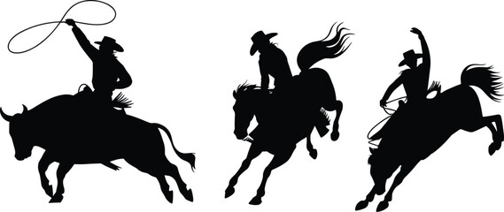 Cowboy rodeo silhouettes, bucking bull and horse riders, western action scene, dynamic lasso pose, wild west illustration, energetic motion, black figures on white background