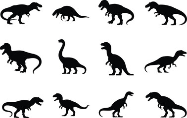 Dinosaur silhouette collection, prehistoric animal shapes, black vector icons, extinct species illustration, educational design, fossil era creatures, Jurassic wildlife, paleontology graphic set