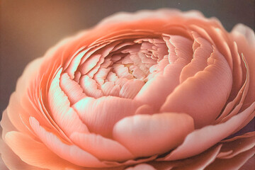 Delicate macro shot of a peach ranunculus flower in soft pastel tones with gentle analog texture and warm light. Realistic floral background for design, print, and fine art.