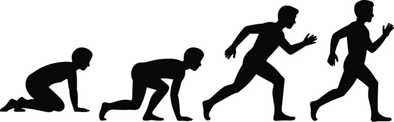 Silhouette sequence of athlete sprinting, running motion stages, crouch to full speed, dynamic movement, sports training, fitness posture, black figure isolated on white background
