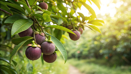 Mangosteen hanging tree in garden, Mangosteens tree in natural warm sunlight view