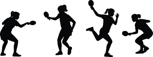 Table tennis silhouettes, active players in motion, paddle sport action, competitive gameplay, dynamic poses, black figures isolated, ping pong athletes, energetic movement, sports concept