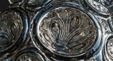 Detailed close-up of a decorative, glass sphere with intricate, circular, and patterned designs.  Reflective surfaces create depth and visual interest