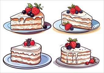 Set of four detailed vector cake slices with creamy frosting, fresh strawberries, and blueberries. Comic book style with bold black outlines, dessert illustration, isolated on white background