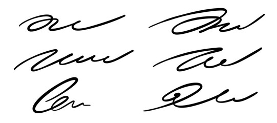 Vector collection of hand-drawn scribble signatures. Ink pen doodles and marker lines in minimal black style. Editable thin strokes, perfect for documents, design elements, or background decoration.
