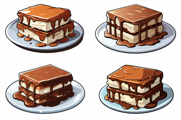 Detailed square layer dessert with thick, rich chocolate sauce dripping down the sides. Comic book vector style, served on a plate, emphasizing texture and sweet indulgence, isolated on white