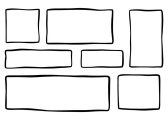 Vector illustration of rectangle and square frame outlines in hand-drawn style. Simple doodle line borders, perfect for notes, highlights, labels, or text decoration design.